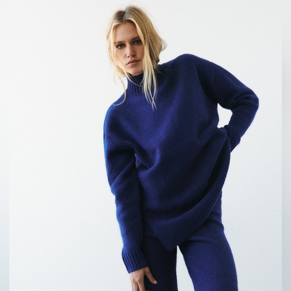 NWT ZARA Blue Oversized Knit High Neck Sweater Tunic Small Wool Alpaca Blend